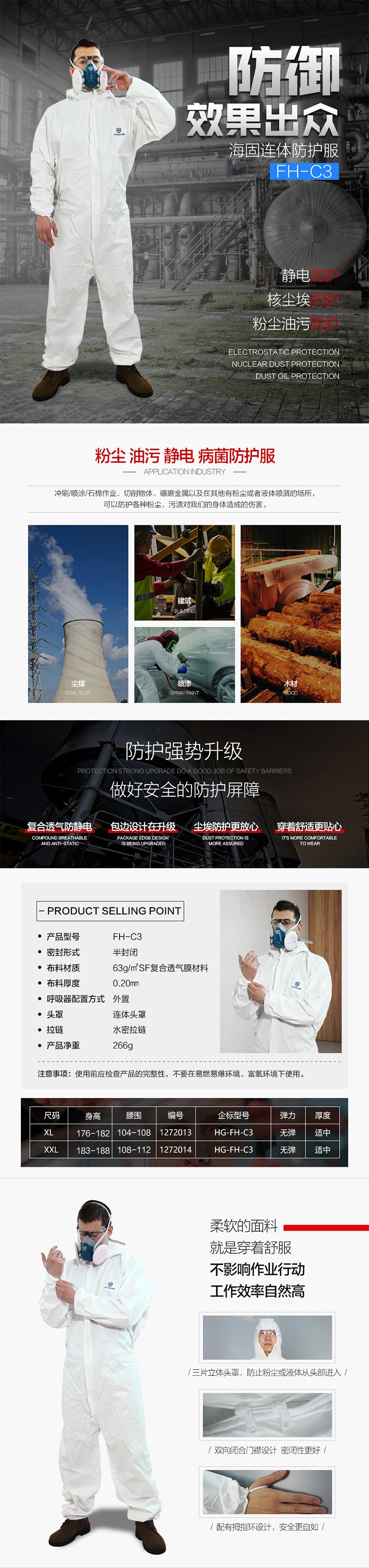 海固FH-C3優(yōu)越連體防護服 連體防粉塵、油污、靜電、病菌防護服圖片1